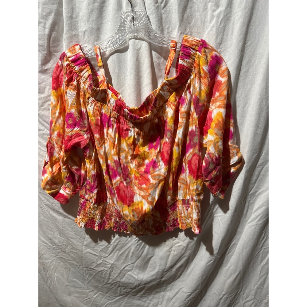 BCX Womens Pink Orange Floral Smocked Off The Shoulder Peasant Blouse Large